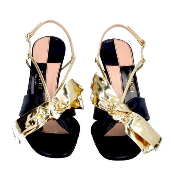 Gucci Authentic Black/Gold Leather Sandals heels 38.5
